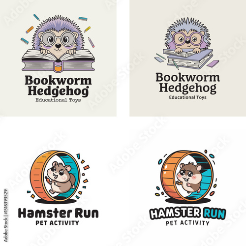 Playful logos featuring a bookworm hedgehog design and a hamster running on a wheel for educational toys and pet activities.