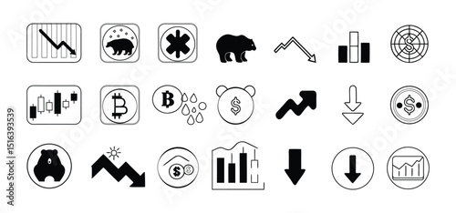 Black and white financial icons illustrating bear market conditions with stock charts cryptocurrency and economic symbols