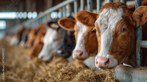 Close-up of group of cows with heads down eating hay, uniform arrangement along metal feeding barrier, industrial barn background, highlighting animal care and nutrition