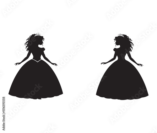 Elegant Princess Silhouettes  A Pair of Regal Black and White Illustrations, Perfect for Fairytales, Invitations, and Royal Designs
