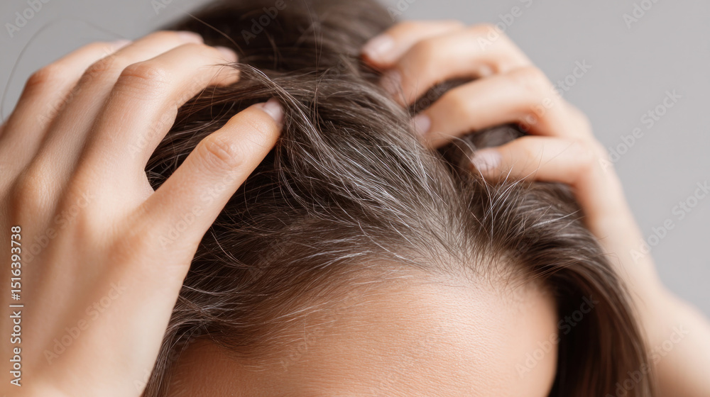 Naklejka premium Close-up of hands gently running through thinning hair, visible sparse spots on scalp, white background, realistic texture, concept of patterned hair loss and self-awareness