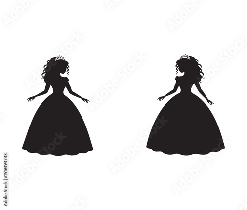 Elegant Princess Silhouettes  Two Regal Women in Ball Gowns, Perfect for Invitations, or Design Projects