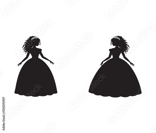 Elegant Princess Silhouettes  A Pair of Royal Ladies in Ball Gowns, Perfect for Design Projects