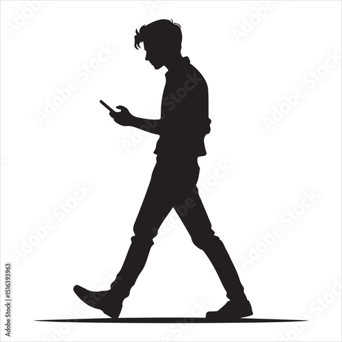 Man strolling on a city street, focused on his phone, relaxed body language, detailed vector silhouette , black colour vactor 
