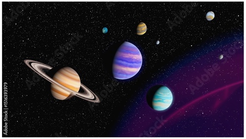 Colorful planets in outer space with stars and cosmic light  fantasy astronomy illustration of the solar system and galaxy view.