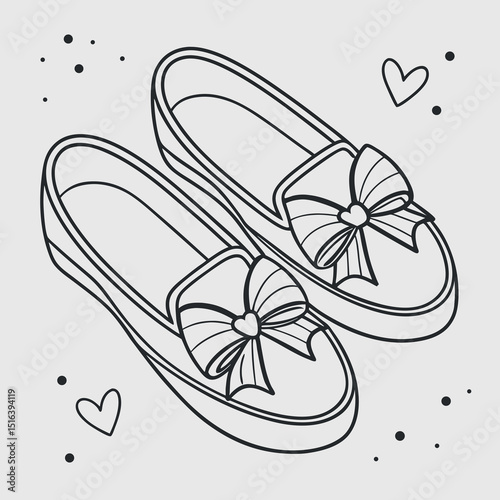 Black and white illustration of a pair of stylish women's loafers with bows and hearts