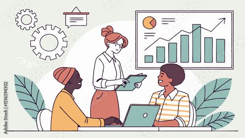 A business woman and other people work on a computer at a desk in the office, an illustration of their job