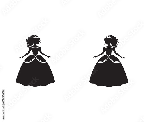 Elegant Princess Silhouettes Pair of Royal Ladies in Ball Gowns, Perfect for Digital Design and Crafting Projects