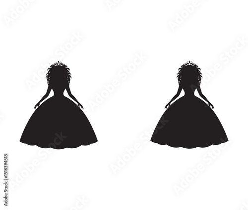 Elegant Silhouette of Two Princesses in Ball Gowns Perfect for Wedding Invitations, Fashion Designs, and Royal-Themed Projects