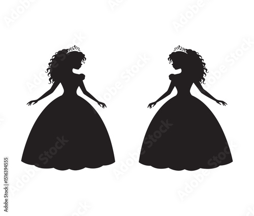 Elegant Princess Silhouettes  A Pair of Royal Women in Ball Gowns, Crowned and Graceful