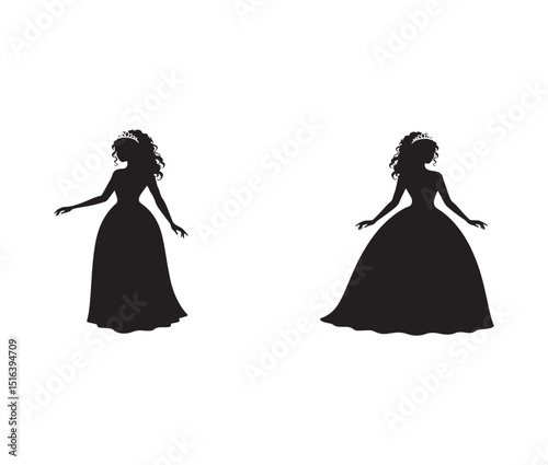 Elegant Princess Silhouettes  Royal Gown, Crown, and Graceful Pose Illustrations