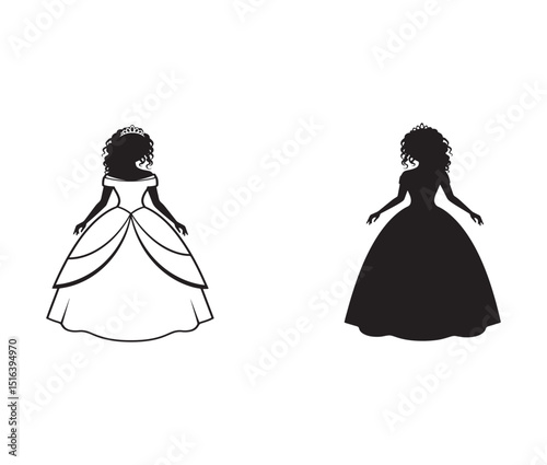 Elegant Princess Dress Silhouettes White and Black Gown Illustrations for Design Projects