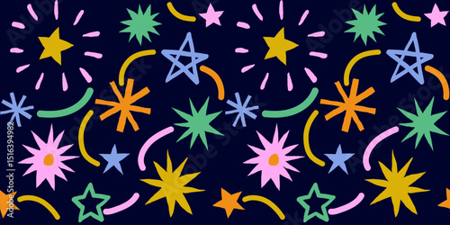 Seamless fun kid pattern with multicolor hand drawn stars. Colorful abstract background with fireworks. Childish cool geometric design for fabric, cover, banner, label, print, wrapping, wallpaper	