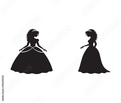 Elegant Princess Silhouettes  A Pair of Regal Black and White Illustrations