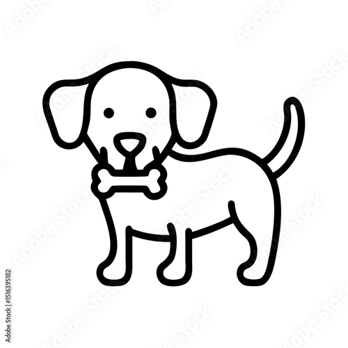 Cartoon dog standing with a bone in its mouth on a white background  