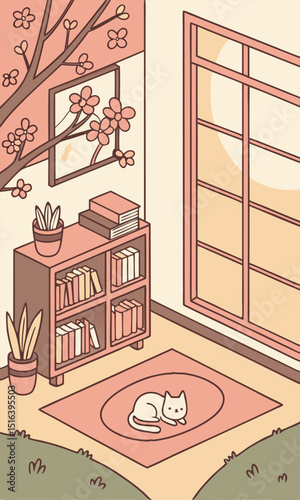 Cozy reading corner with feline companion: Warm and inviting illustration of a cozy corner featuring a bookshelf, serene cat and blooming cherry blossom, perfect for relaxation and reflection.