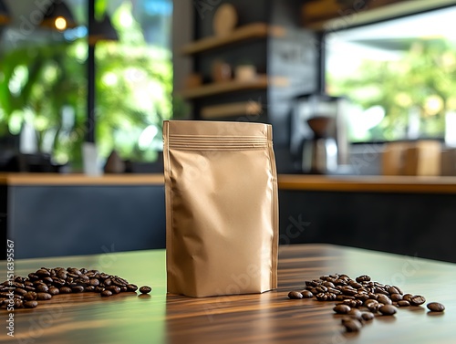 Coffee bag on wooden table, cafe background