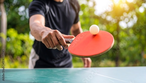 Ping Pong Player Serving Ball Outdoors.