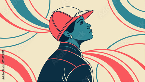 Contemplative Gaze: A striking stylized illustration of a young person gazes upward with thoughtful expression against an abstract backdrop.
