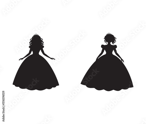 Elegant Princess Silhouettes Royal Ball Gown Illustrations, Perfect for Wedding Invitations or Fairytale Designs