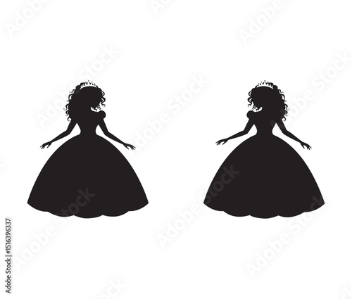 Elegant Princess Silhouettes Pair of Royal Ladies in Ball Gowns, Perfect for Invitations, Wedding Design, and More