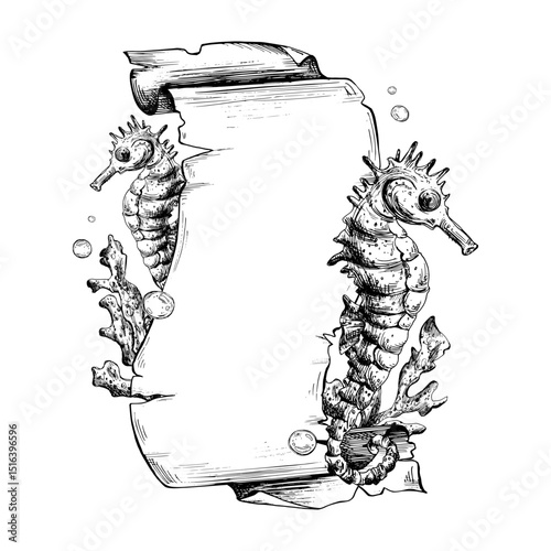 Papyrus rolled scroll with jagged edges, space for text with corals, seahorses and bubbles. Graphic illustration hand drawn with black ink. Template, vertical frame, board EPS vector
