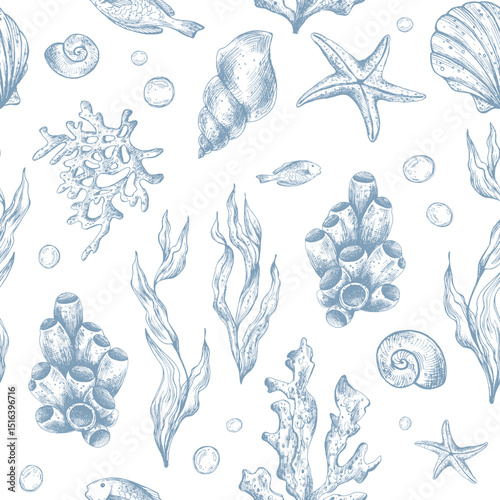 Marine underwater clip art with shells, sea sponges, corals, starfish, pebbles, seaweed, fish, bubbles. Graphic illustration hand drawn in blue ink. Seamless pattern EPS vector