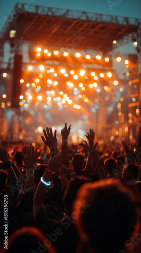Excited audience at music festival captured in vertical frame, warm evening light, glowing accessories, DJ performing on lit stage, joyful party mood and atmospheric background