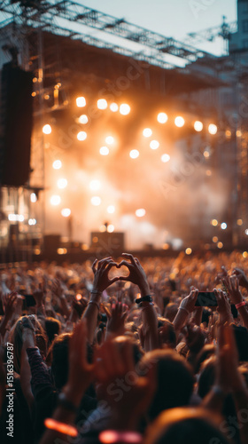 Excited audience at music festival captured in vertical frame, warm evening light, glowing accessories, DJ performing on lit stage, joyful party mood and atmospheric background