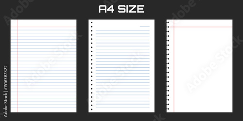 Three A4 sheets show various line styles and hole punch, all on black, Realistic blank lined paper sheet A4 format 