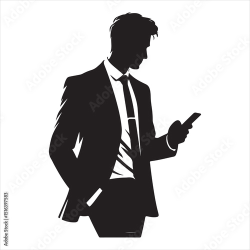 Man strolling on a city street, focused on his phone, relaxed body language, detailed vector silhouette , black colour vactor 