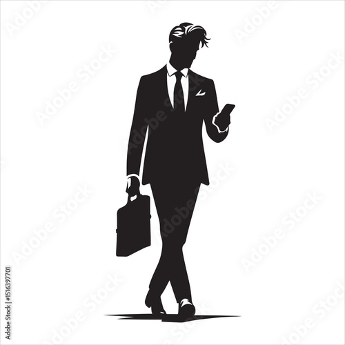 Man strolling on a city street, focused on his phone, relaxed body language, detailed vector silhouette , black colour vactor 