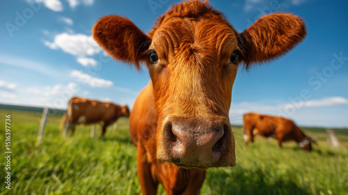 Front view of red milch cow looking at camera in vibrant green field, strong daylight, vivid color contrast, representing healthy livestock and traditional farming