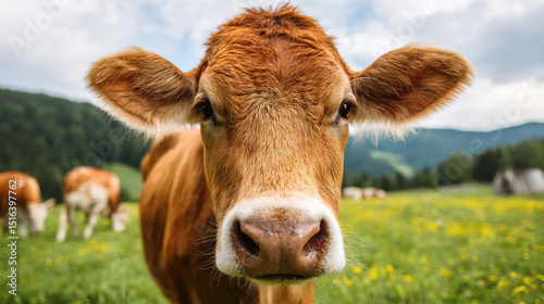 Front view of red milch cow looking at camera in vibrant green field, strong daylight, vivid color contrast, representing healthy livestock and traditional farming