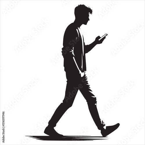 Man strolling on a city street, focused on his phone, relaxed body language, detailed vector silhouette , black colour vactor 