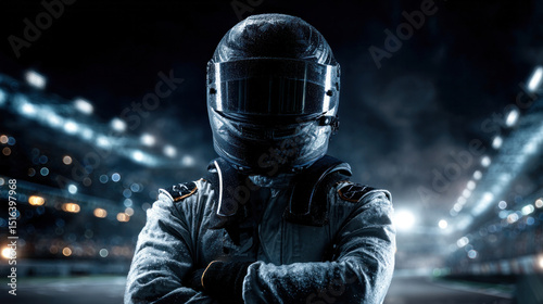 Full-body shot of racing driver under stadium lights at night, detailed textures on racing uniform, helmet reflecting track lights, focused and competitive energy in pro racing scene photo