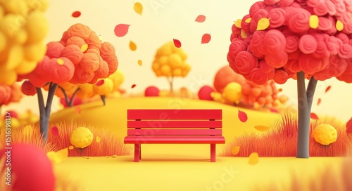 Vibrant 3D Park Scene: Autumn Wonderland with a Solitary Red Bench Amidst Colorful Falling Leaves and Playful Trees