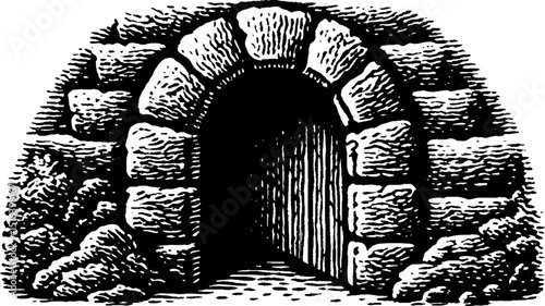 Engraved illustration of rustic arched doorway with stones for design and decoration
