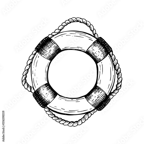 Lifebuoy, lifesaver with rope. Hand drawn outline style life ring. Vector illustration in a black and white sketch style. Sketch in line art style isolated on white. For clip art cards packages.