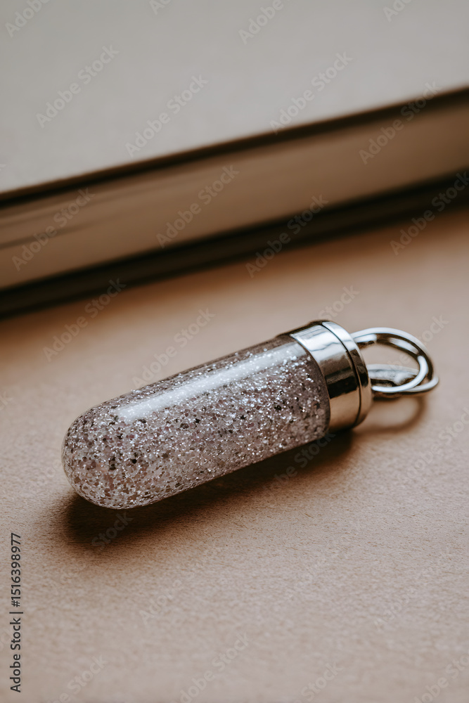 Naklejka premium Delicate silver capsule filled with shimmering particles rests gently on a soft backdrop, evoking tranquility and beauty.