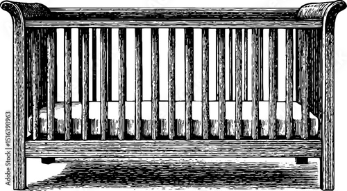Vintage engraved baby crib illustration - classic nursery design for cards and posters