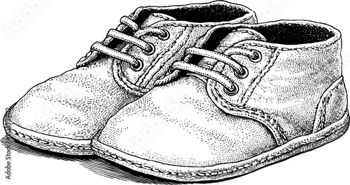 Engraved vintage baby shoes illustration for nursery decor