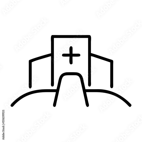 Outline of a hospital building with a cross symbol in a minimalist style  