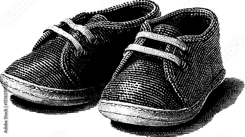 Engraved illustration of baby shoes with detailed texture for nursery decor