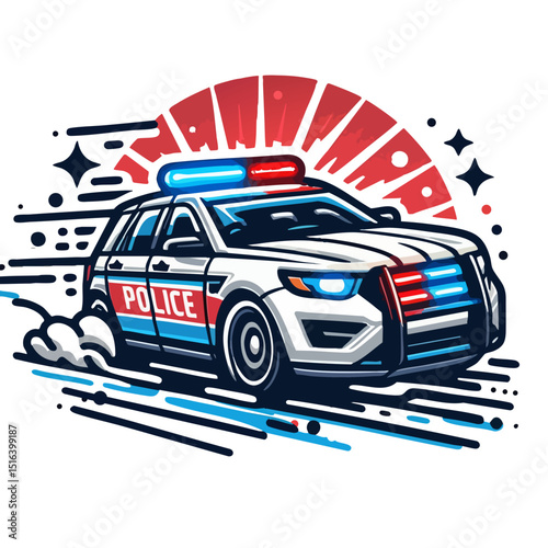 Police car speeding with lights flashing in dynamic graphic design  
