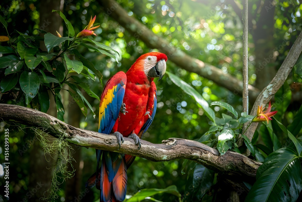 Obraz premium Scarlet macaw perched on branch in lush rainforest