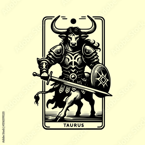 Taurus Zodiac Bull Warrior Vector Illustration in Tarot Card Style with Armor Sword and Celestial Symbolism in Black and White