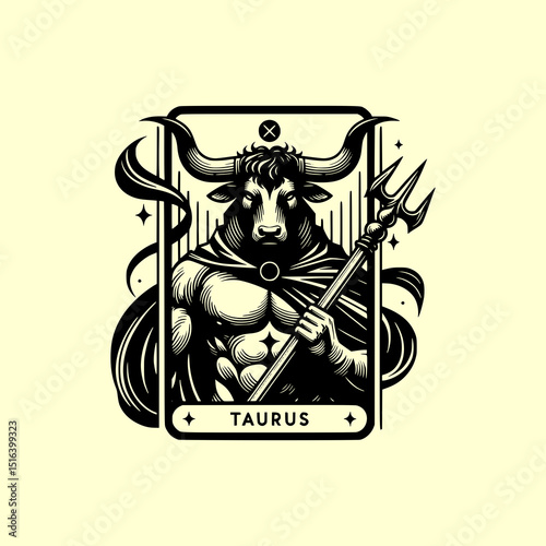 Taurus Zodiac Bull Warrior Vector Illustration in Tarot Card Style with Armor Sword and Celestial Symbolism in Black and White
