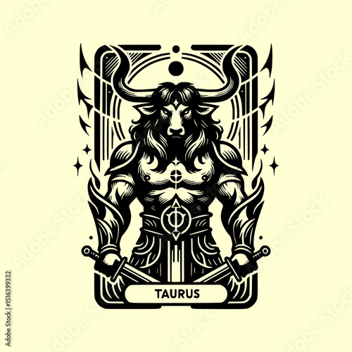 Taurus Zodiac Bull Warrior Vector Illustration in Tarot Card Style with Armor Sword and Celestial Symbolism in Black and White