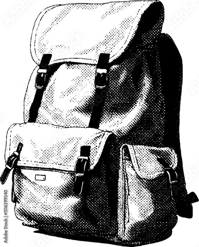 Engraved backpack illustration with black bold lines for design use